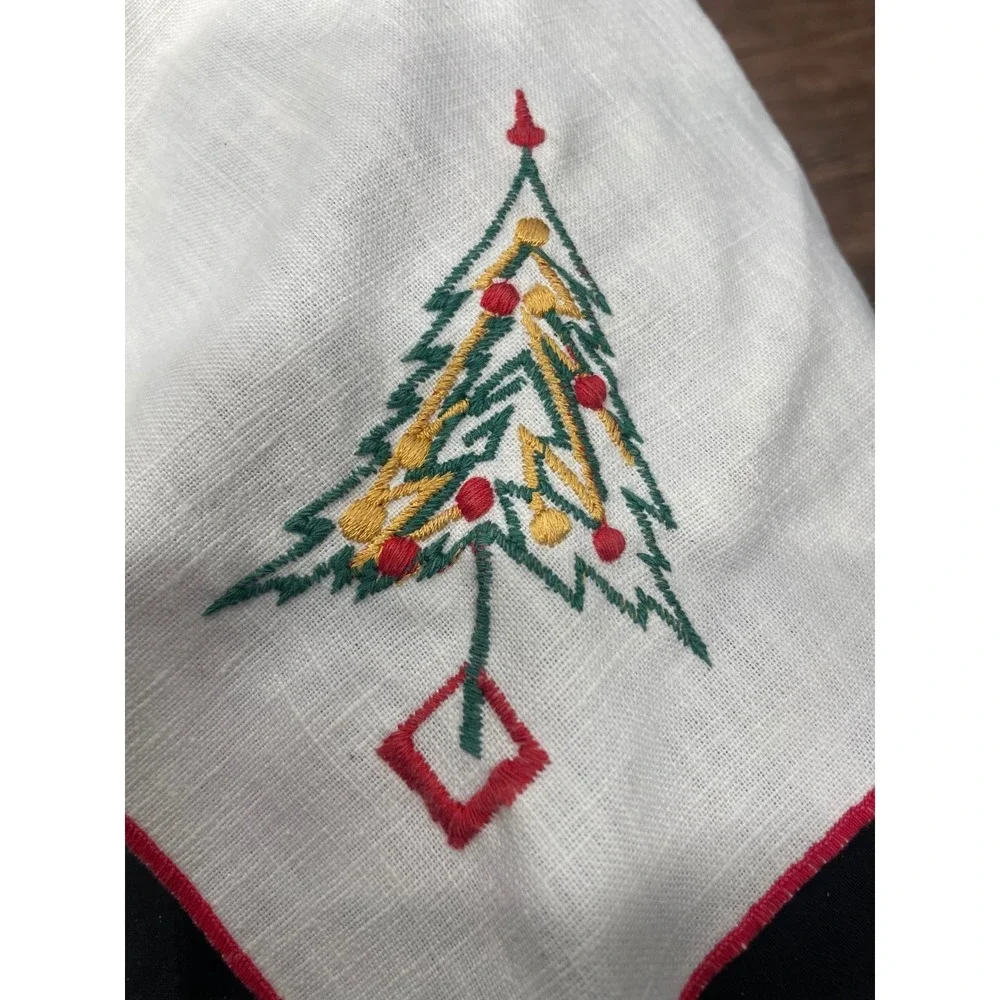 Vintage Christmas Embroidered Napkins Set of 3 Cotton Linen Red Trim MCM